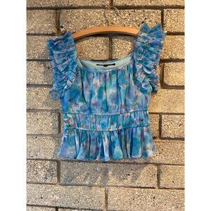 French Connection XS Ruffled Sleeveless Watercolor Peplum Top Blue & Pink